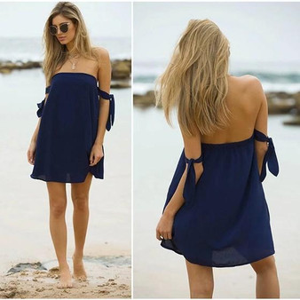 Casual Purplish Blue Bandeau Bow Draped Off Shoulder Mini Dress