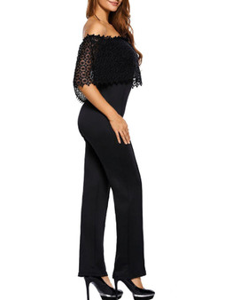 Casual Off Shoulder Decorative Lace Plain Straight Jumpsuit