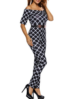 Casual Off Shoulder Plaid Printed Slim-Leg Jumpsuit