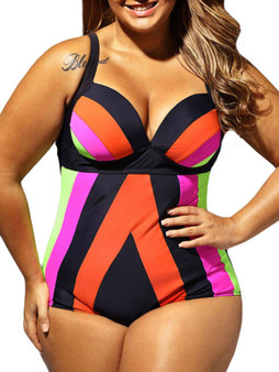 Casual Color Block Asymmetric Stripe Plus Size One Piece