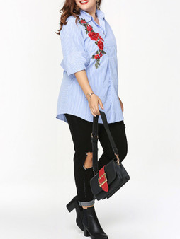 Casual Embroidery Vertical Striped Designed Plus Size Blouse
