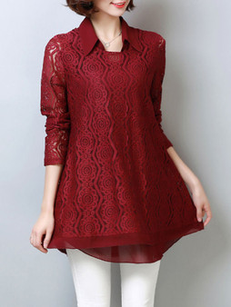 Casual Longline Lace Hollow Out Solid Plus Size Blouse