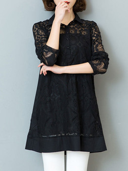 Casual Black Lace Patchwork Hollow Out Plain Plus Size Blouse