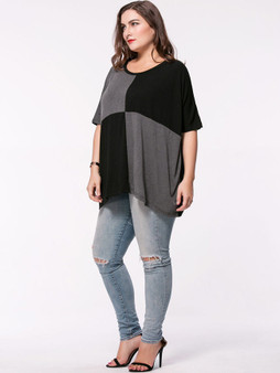 Casual Oversized Color Block Round Neck Plus Size T-Shirt