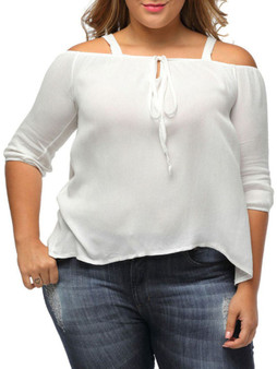 Casual Open Shoulder Bowknot Plain Plus Size Blouse