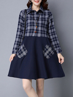 Casual Turn Down Collar Patchwork Plaid Cotton/Linen Shift Dress