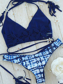 Casual Handmade Blue Floral Print Bikini Set