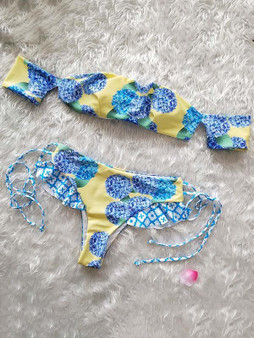 Printed Strapless Lace Up Bikinis Swimwear