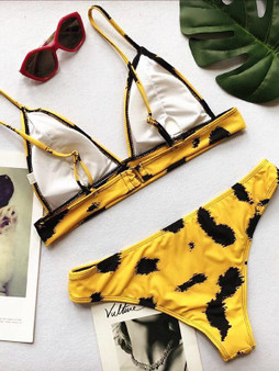 Yellow Printed Dull Lace-Up Bikinis Swimwear