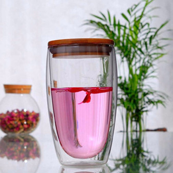 Double Layered Clear Glass Tea Cup with Bamboo Lid - 450ml