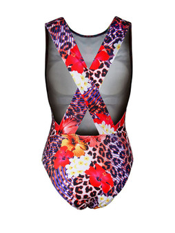 Casual X-Back Round Neck Swimwear In Floral Leopard Printed