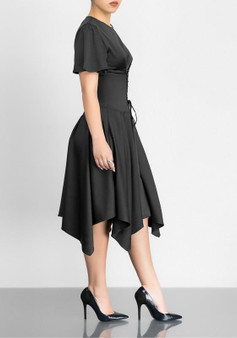 Black Lace-up Irregular Pleated Prom Evening Party Elegant Midi Dress