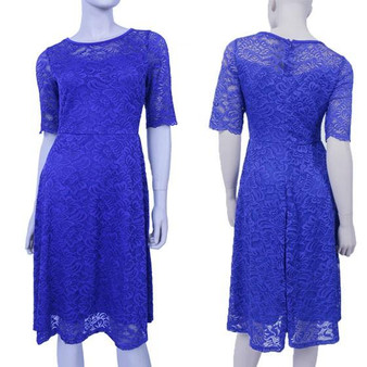 Blue Patchwork Lace Zipper Round Neck Sweet Midi Dress