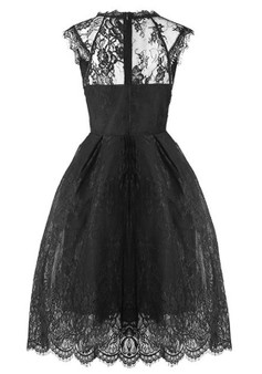 Black Patchwork Lace Pleated Round Neck Short Sleeve Elegant Bridesmaid Midi Dress