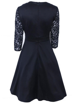 Black Patchwork Lace Draped A-Line Banquet Elegant Party Midi Dress