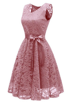 Pink Draped Lace Sashes A-Line V-neck Elegant Midi Dress