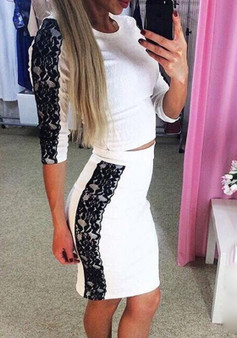 White Plain 2-in-1 Lace Round Neck Fashion Midi Dress