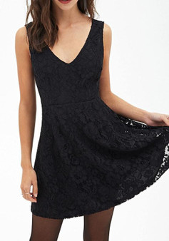 Black Plain Hollow-out V-neck Lace Mini Dress