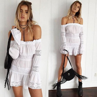 Casual White Patchwork Hollow-out Lace Boat Neck Mini Dress