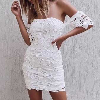 Casual White Patchwork Lace Bandeau Boat Neck Mini Dress