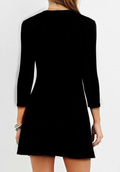 Casual Black Plain Hollow-out Draped Lace-Up 3/4 Sleeve Mini Dress