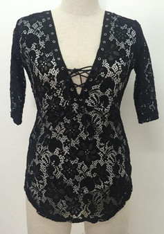 Casual Black Plain Lace Drawstring V-neck Lace-up Elbow Sleeve Clubwear Mini Dress