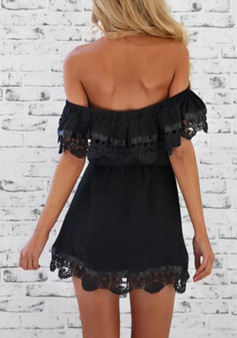 Casual Black Patchwork Lace Pleated Boat Neck Short Sleeve Mini Dress