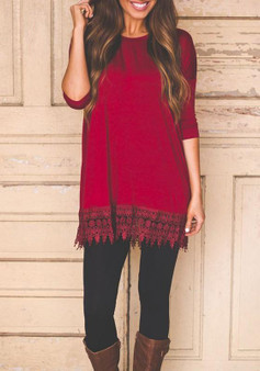 Casual Maroon Patchwork Lace Round Neck Fashion Mini Dress