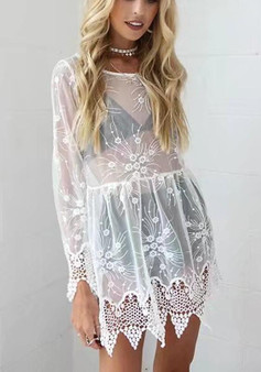 Casual White Patchwork Lace Wavy Edge Hollow-out Mini Dress