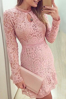 Casual Pink Plain Hollow-out Sweet Lace Mini Dress