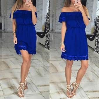 Casual Blue Patchwork Hollow-out Lace Boat Neck Short Sleeve Mini Dress