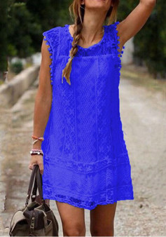 Casual Blue Patchwork Lace Sleeveless Plus Size Elegant Mini Dress