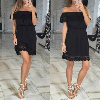 Casual Black Patchwork Hollow-out Lace Boat Neck Short Sleeve Mini Dress