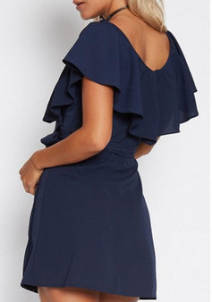 Casual Navy Blue Ruffle Sashes Lace-up Deep V-neck Short Sleeve Mini Dress