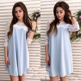 Casual Light Blue Patchwork Lace Hollow-out Draped Half Sleeve Fashion Mini Dress