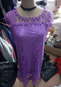 Casual Purple Patchwork Lace Sleeveless Plus Size Elegant Mini Dress