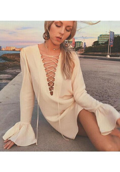 Casual Apricot Ruffle Lace-up Deep V-neck Flare Sleeve Oversize Mini Dress