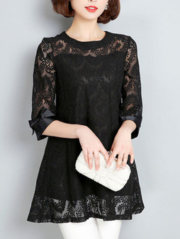 Casual Round Neck Decorative Lace Lace Blend Shift Dress