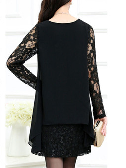 Casual Round Neck Hollow Out Solid Chiffon Lace Shift Dress