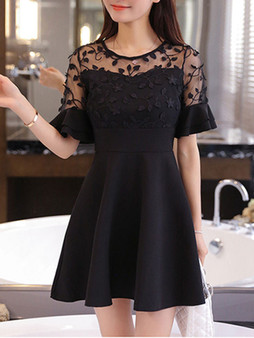 Casual Round Neck Decorative Lace Flounce Tiered Plain Skater Dress