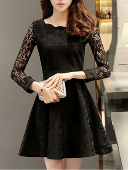 Casual Scallop Hollow Out Plain Lace Skater Dress