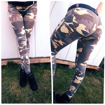 Army Green Camouflage Buttons Elastic Waist Casual Long Leggings