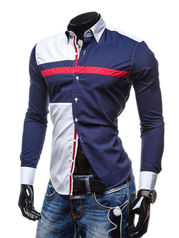 Casual Turn Down Collar Single Breasted Color Block Men Shirt