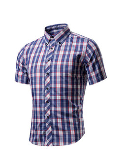 Casual Short Sleeve Basic Turn Down Collar Single Breasted Plaid Men Shirt