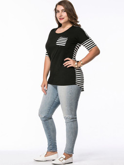 Casual High-Low Round Neck Patch Pocket Striped Plus Size T-Shirt