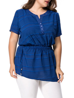 Casual Split Neck Drawstring Plain Striped Plus Size Blouse