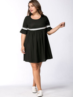 Casual Bell Sleeve Empire Striped Round Neck Plus Size Flared Dress