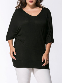 Casual V-Neck Hollow Out Plain Batwing Sleeve Plus Size T-Shirt