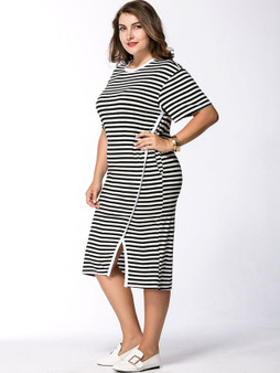 Casual Striped Pocket Round Neck Slit Midi Plus Size Shift Dress