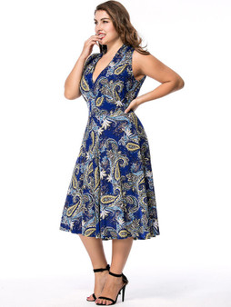 Casual Sexy Deep V-Neck Plus Size Flared Dress In Paisley Printed